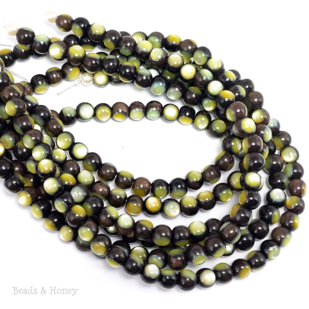 Ebony Wood Bead Inlaid with Gold Mother of Pearl Round 6mm (8-Inch Strand)