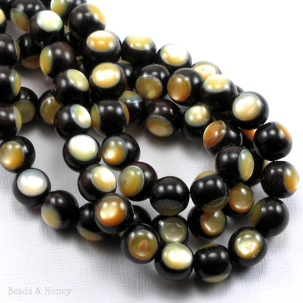 Ebony Wood Bead Inlaid with Gold Mother of Pearl Round 10mm (8-Inch Strand)