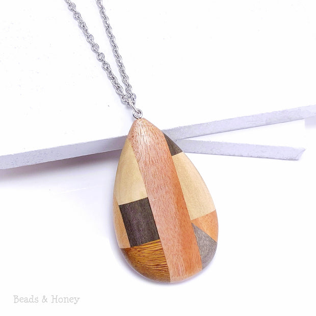 Mosaic Mixed Wood Teardrop Pendant with Stainless Steel Bail 68x40x9mm (1pc)