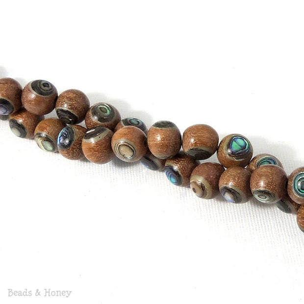 Magkuno Wood Medium Brown with Abalone Shell Inlay Round 10mm (8 Inch Strand)