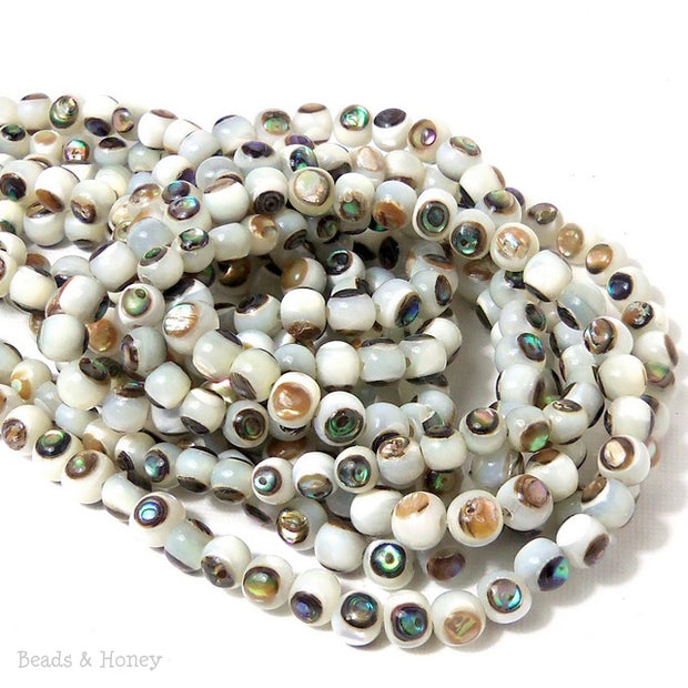 White Troca Shell Bead with Abalone Shell Inlay Round 6mm (8-Inch Strand)