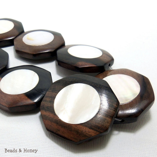 Ebony Wood Focal Bead with White Makabibi Shell Inlay Octagon 35mm (6pcs)